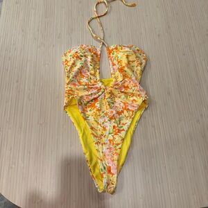 Princess Polly fern Vibrant Yellow and Orange floral One Piece halter swimsuit